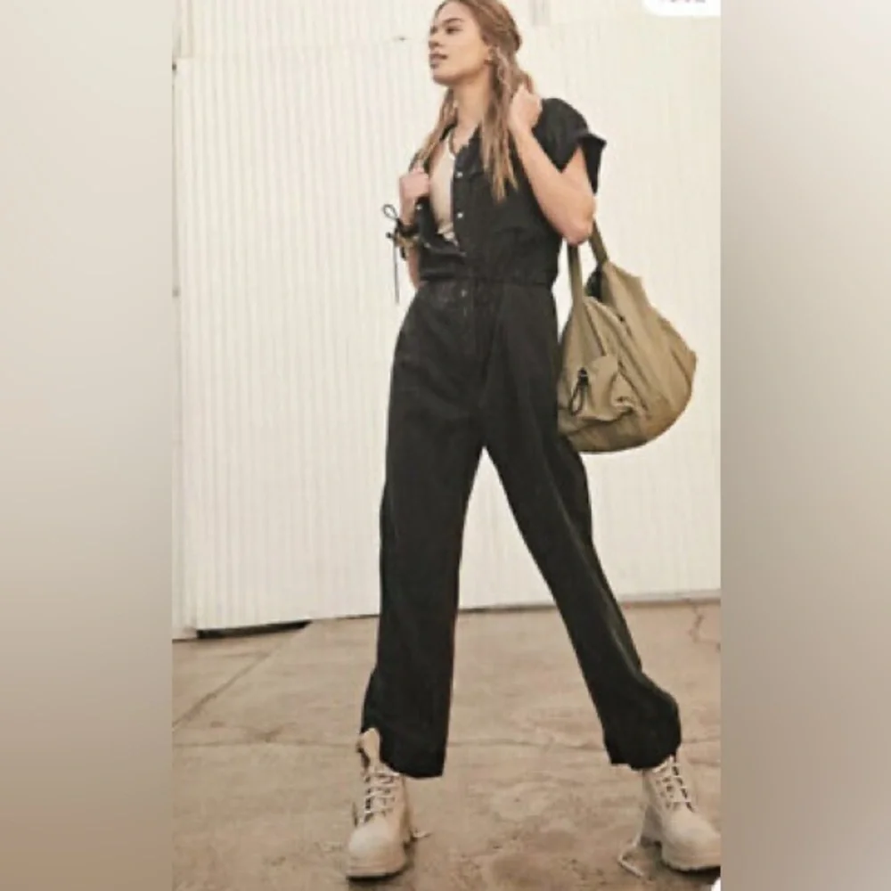 Free People FP Movement *Kali* black distressed snap front utility jumpsuit S